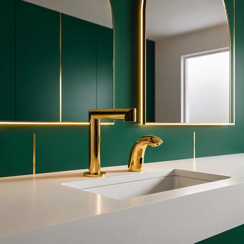 Polished gold square faucet model with matching arched touchless soap dispenser installed on a white vanity with emerald green wall panels and backlit mirrors